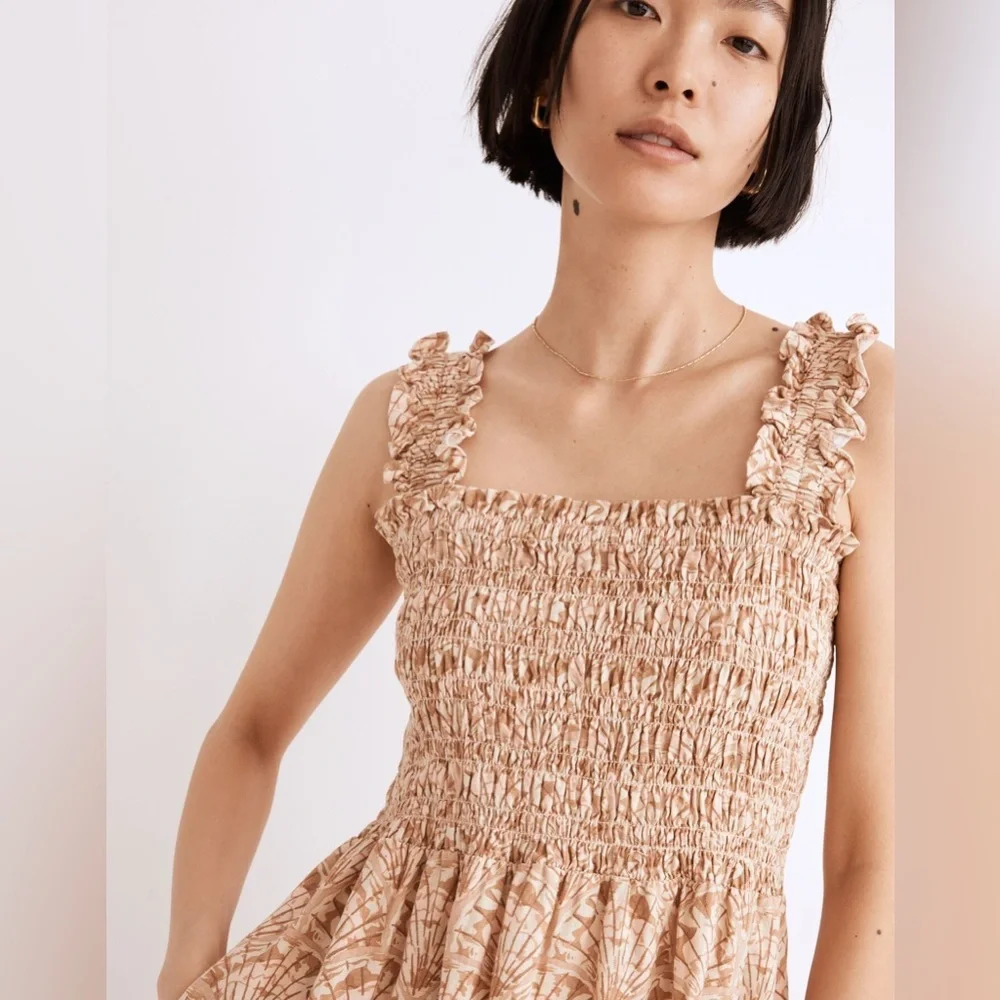 Madewell Linen-Blend Lucie Smocked Tank Mini Dress in Painted Seashells - Size M - Picture 4 of 5